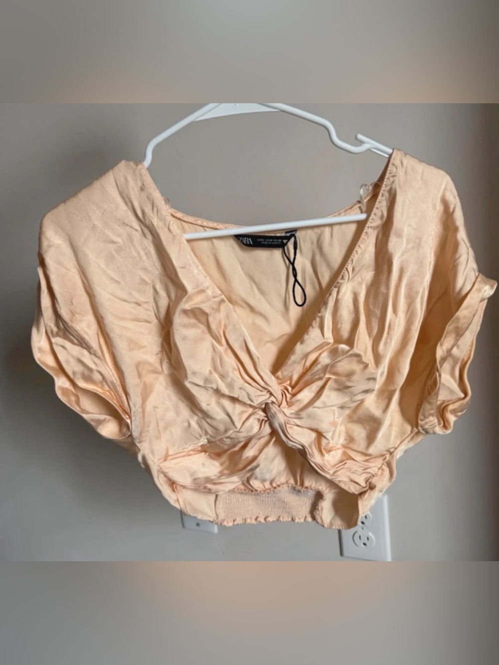 Zara Peach Twist-Front Cropped Shirt